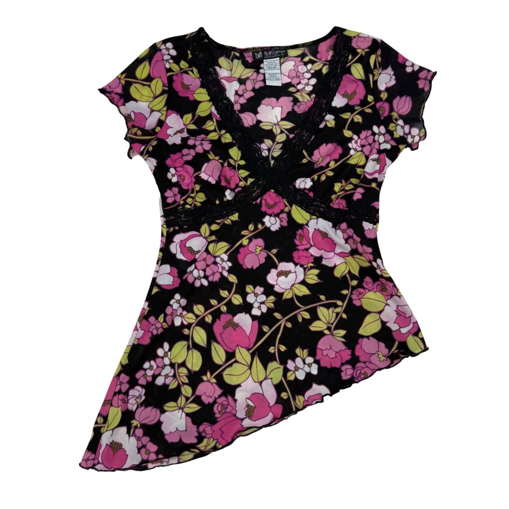 Self Esteem Floral Mesh Lace Trim Asymmetrical Hem Y2K S M Babydoll Fairycore